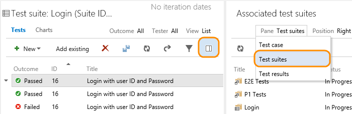 Selecione o caso de teste; exibir o painel de detalhes do teste; selecionar os conjuntos de teste