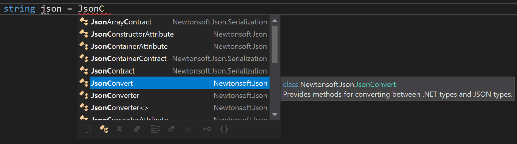 Preenchimento do IntelliSense para tipos não importados