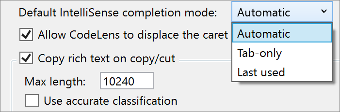 Configuração do modo de conclusão do IntelliSense