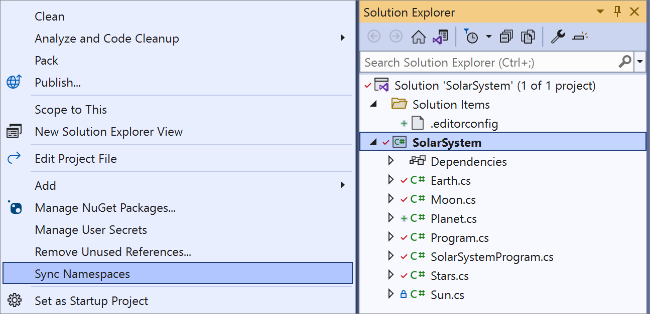 Sincronizar namespaces do Gerenciador de Soluções