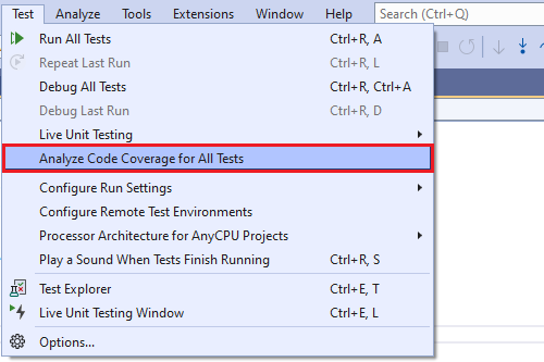 Captura de ecrã do menu de Teste com Analisar cobertura de código realçado.