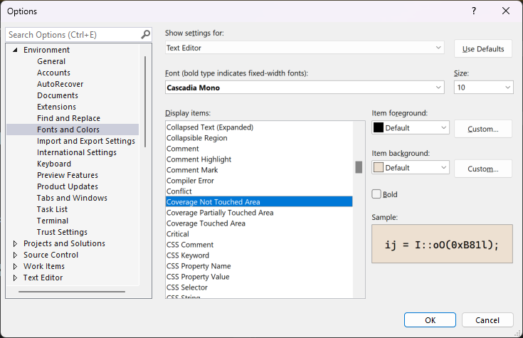 Captura de ecrã mostrando fontes e cores de cobertura de código