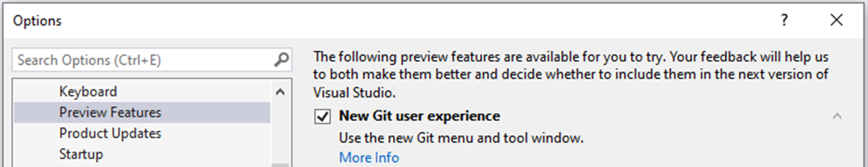A seção Versão prévia do recurso da caixa de diálogo Opções no Visual Studio 