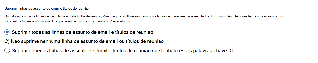 Captura de ecrã a mostrar a secção supressão de palavras-chave da página Definições de privacidade.