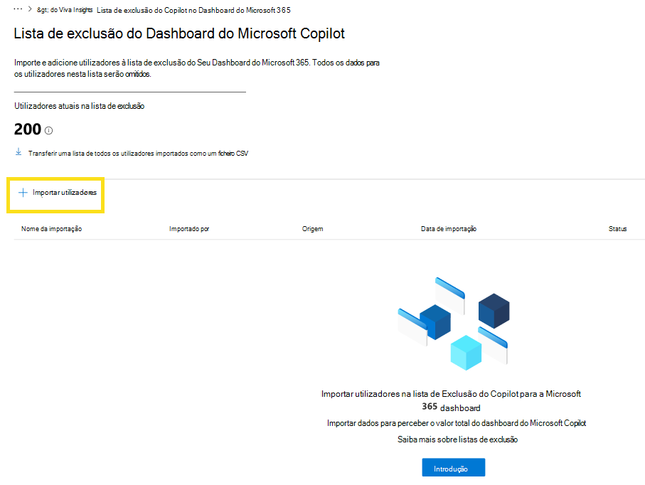 Captura de ecrã que mostra como importar utilizadores com a funcionalidade de lista de exclusão.