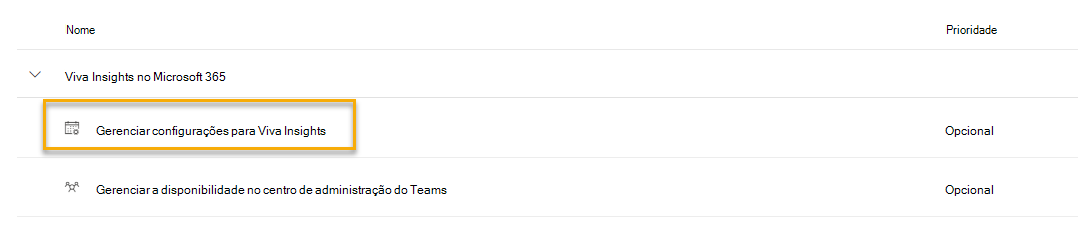 Captura de ecrã a mostrar Gerir definições para Viva Insights na página de administrador Viva Insights.