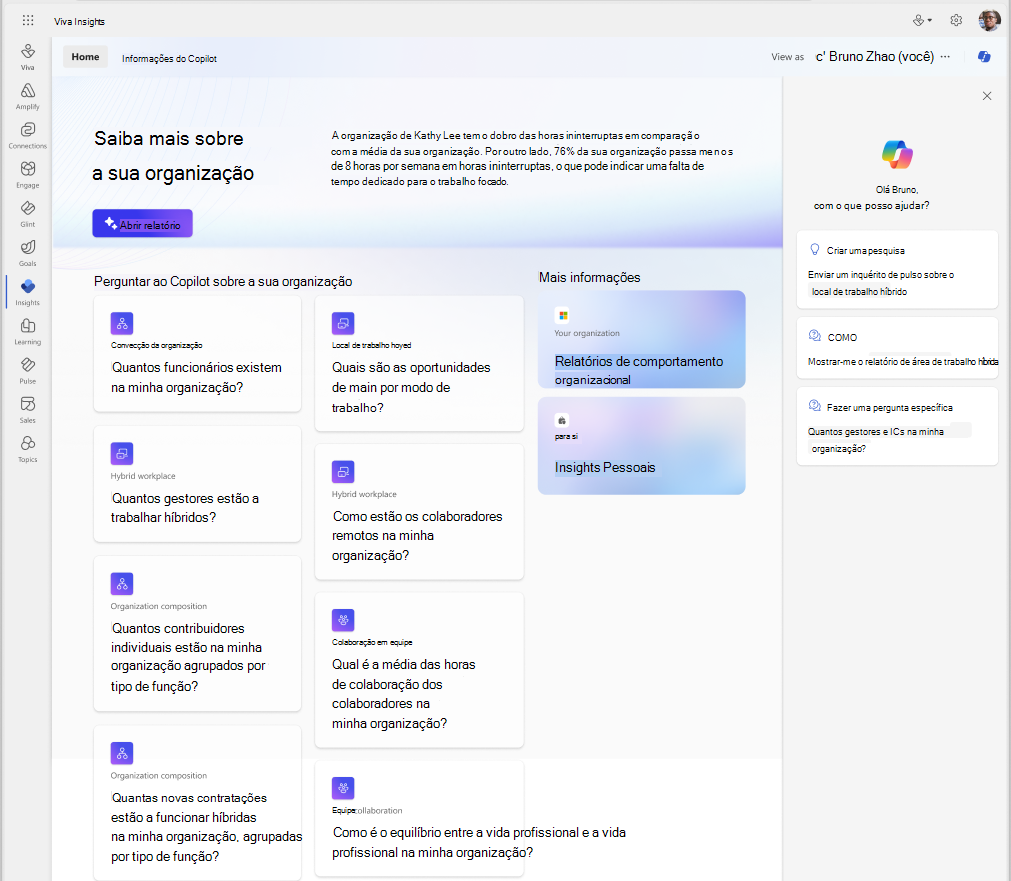 Captura de ecrã a mostrar os relatórios do Copilot para informações da organização.