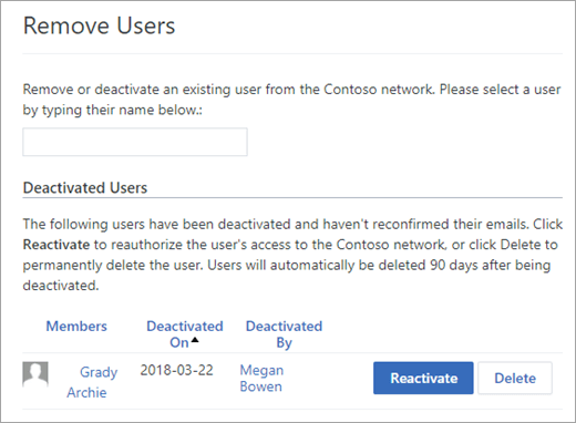 Captura de ecrã a mostrar a lista de utilizadores desativados.