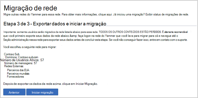 Captura de ecrã do Passo 3 de 3 – Exportar Dados & Iniciar Migração.