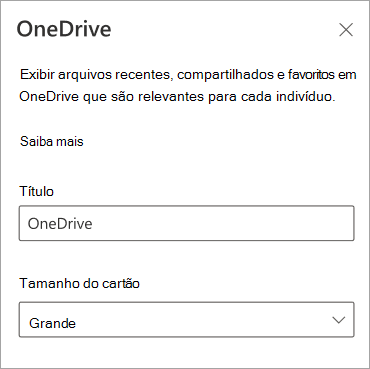 Captura de ecrã a mostrar card opções de tamanho no painel de propriedades card do OneDrive.