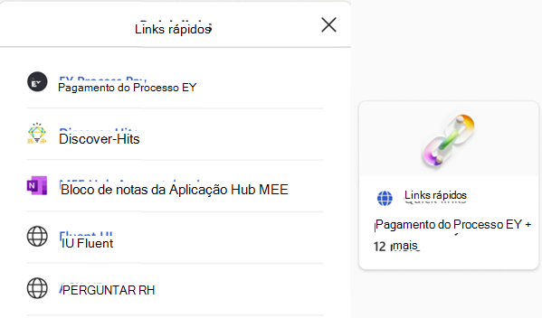Captura de ecrã a mostrar as Ligações rápidas card em ação.