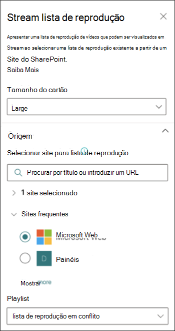 Captura de ecrã do painel de propriedades Stream lista de reprodução a mostrar as opções para selecionar uma origem a partir do SharePoint