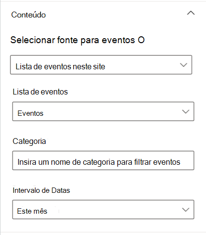 Captura de ecrã a mostrar a secção de conteúdo no painel Eventos card propriedades.