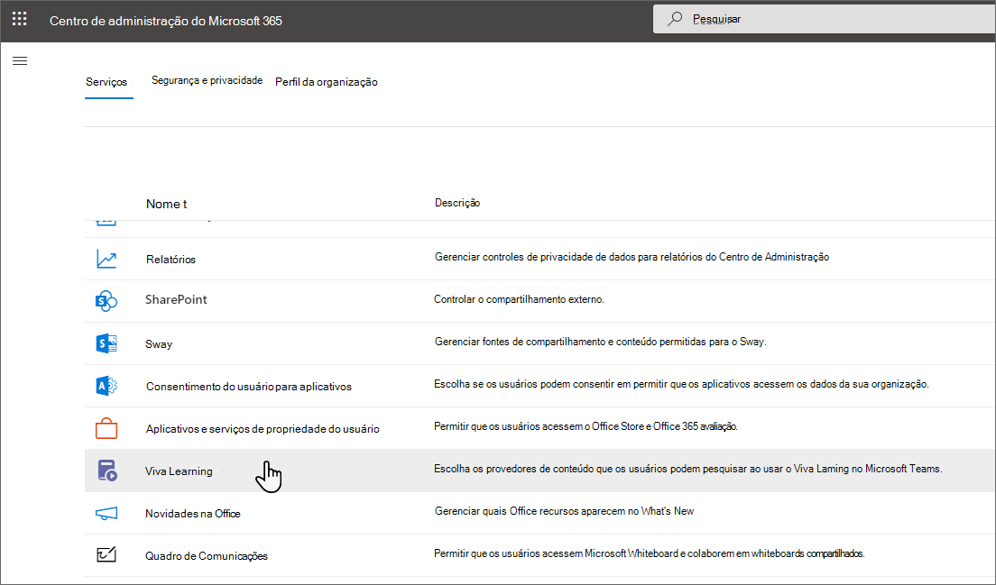 Página Definições no Centro de administração do Microsoft 365 a mostrar a aplicação Learning listada.