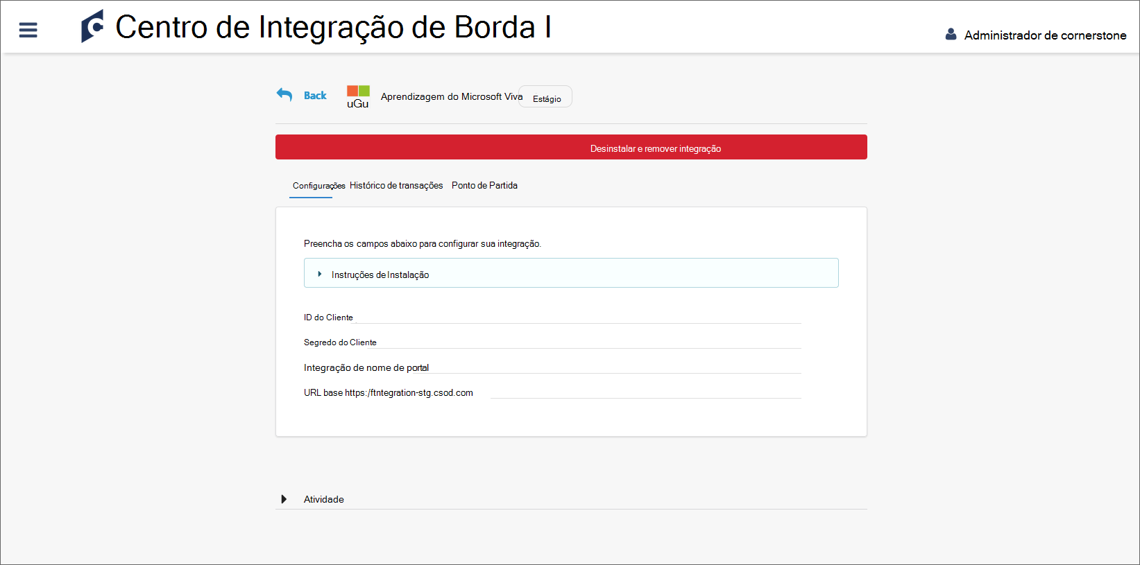 Captura de ecrã do ecrã de configuração onde pode encontrar o ID de Cliente, o Segredo do Cliente, o Nome do portal e o URL Base.