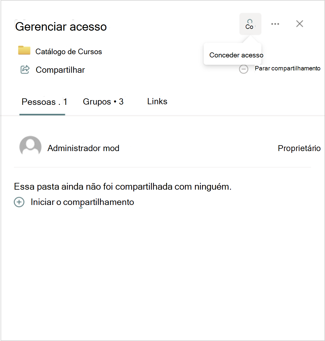 Captura de tela das opções Gerenciar acesso.