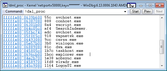 Captura de tela da saída !dml_proc que exibe uma lista de processos.