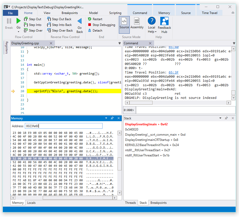 Captura de tela do WinDbg Preview mostrando a saída ASCII da memória e a janela Código-fonte.