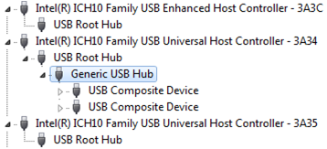 Captura de tela mostrando um hub USB genérico selecionado no Windows Gerenciador de Dispositivos.