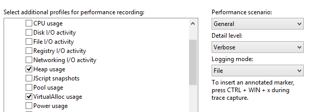 Captura de tela do menu de opções de rastreamento do WPR.