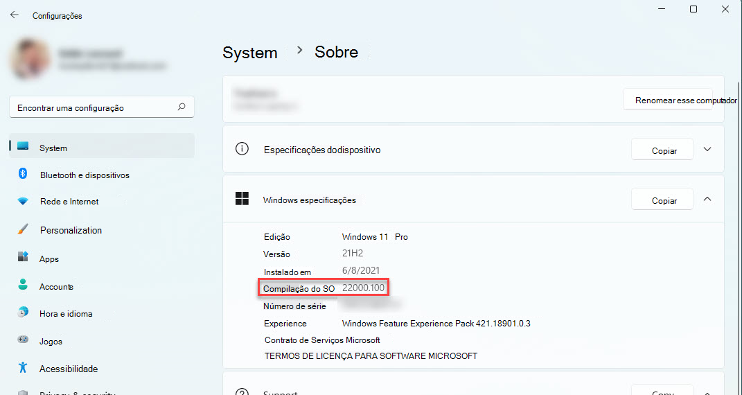 Sobre configurações do Windows, rolei para baixo até a seção especificações do Windows para realçar o build atual do sistema operacional.