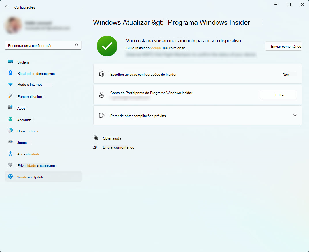 A secção Do Programa Windows Insider em Definições que mostra o seu canal e a conta do Insider associadas ao seu dispositivo.