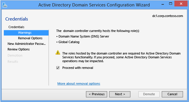 Assistente de Configuração do Active Directory Domain Services – Impacto das funções FSMO das credenciais