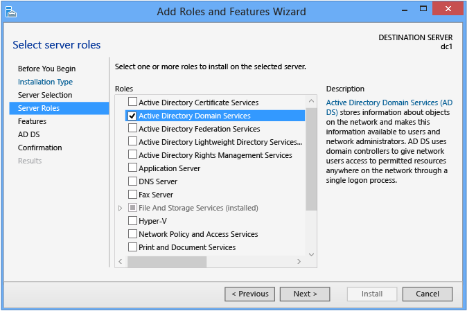 Captura de tela que mostra a página Funções de servidor no assistente Adicionar funções e recursos.