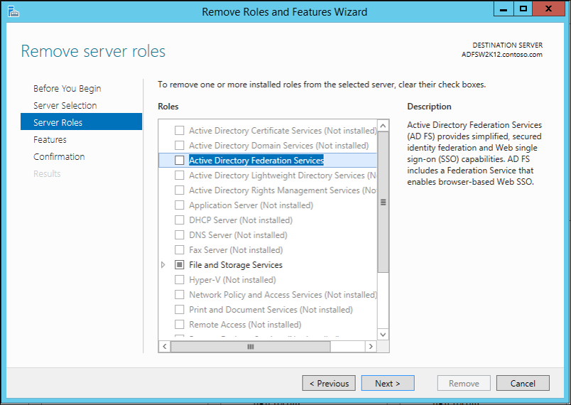 Captura de tela apresentando como remover o servidor desmarcando a opção Serviços de Federação do Active Directory.