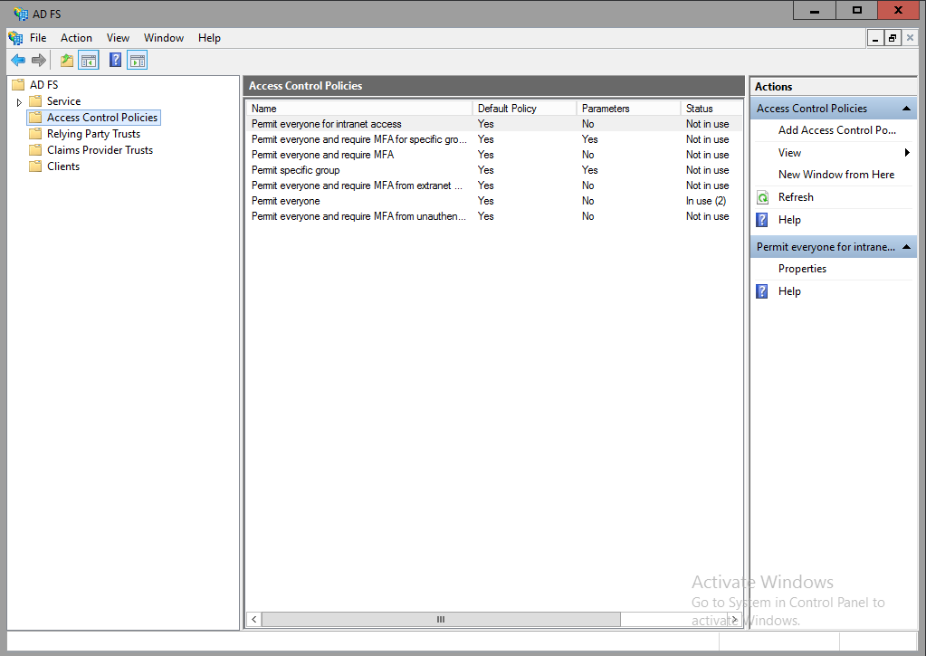 Screenshot that shows where to view the Access Control Policies.