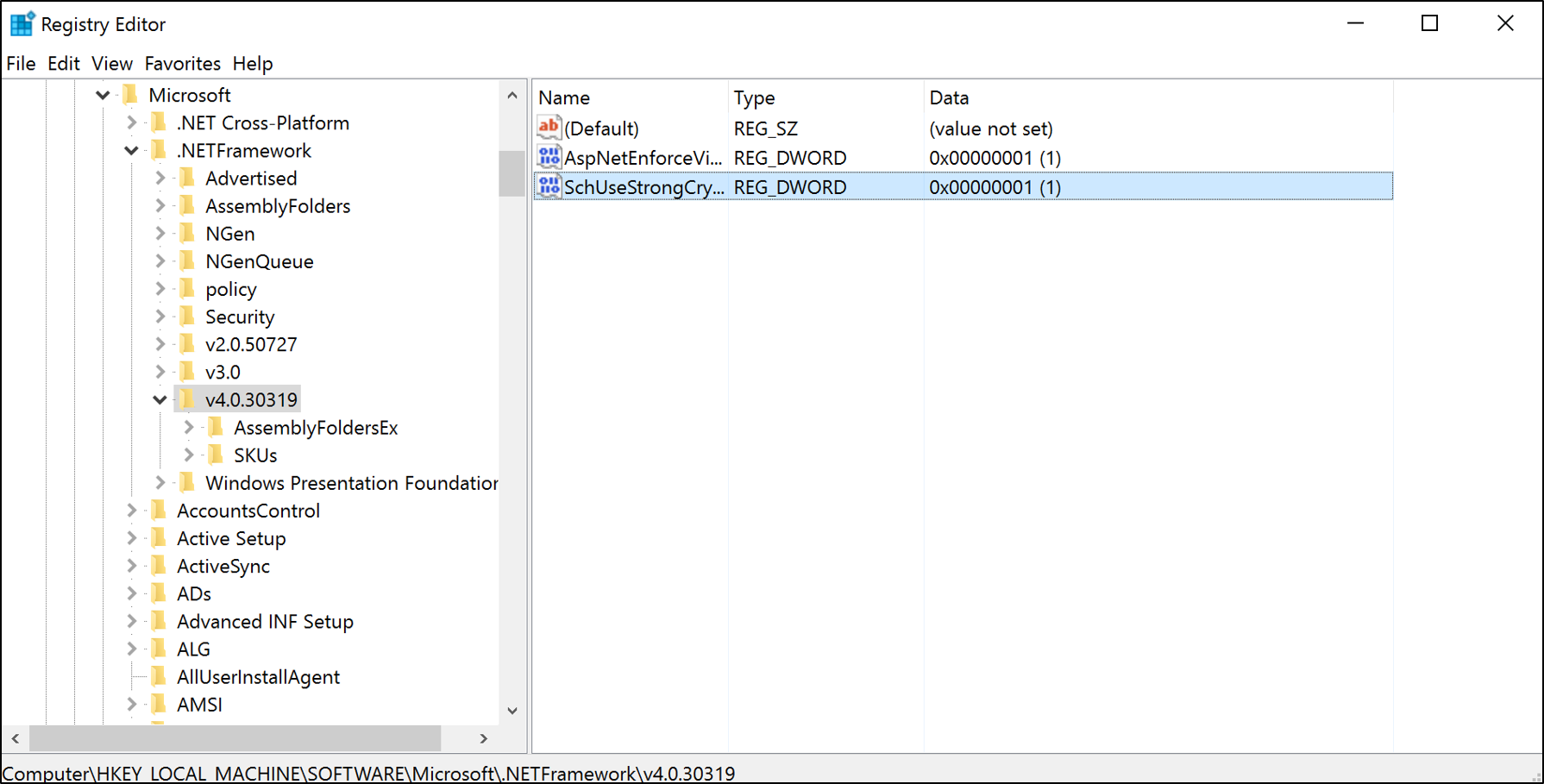 Screenshot of Registry Editor that highlights the SchUseStrongCrypto key