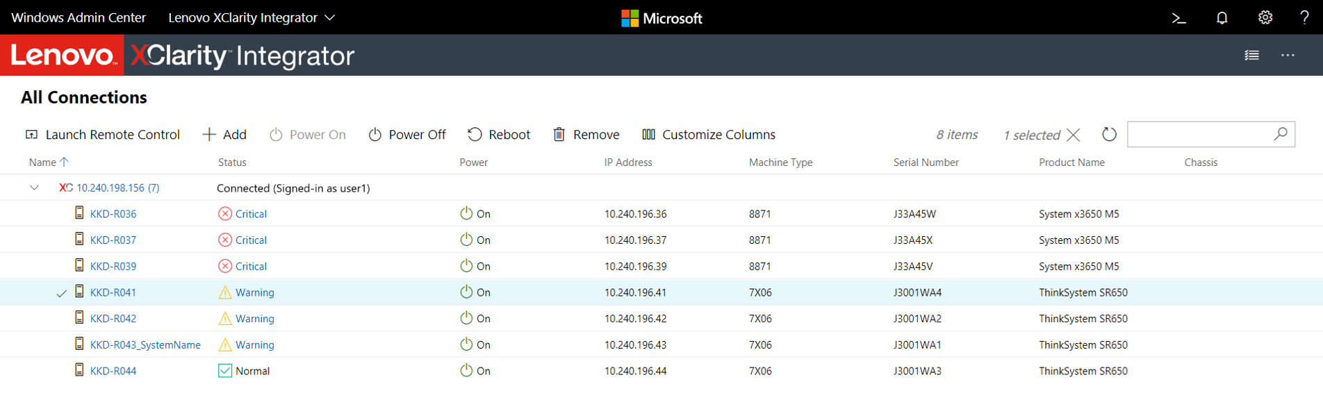 Screenshot of the Lenovo XClarity Integrator extension in Windows Admin Center showing the overall health status for all added nodes.