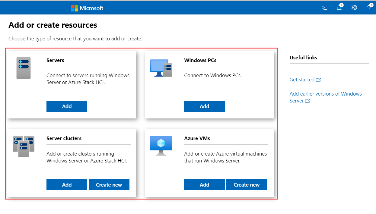 Captura de tela da página Adicionar recursos que exibe os tipos de recursos a serem adicionados.