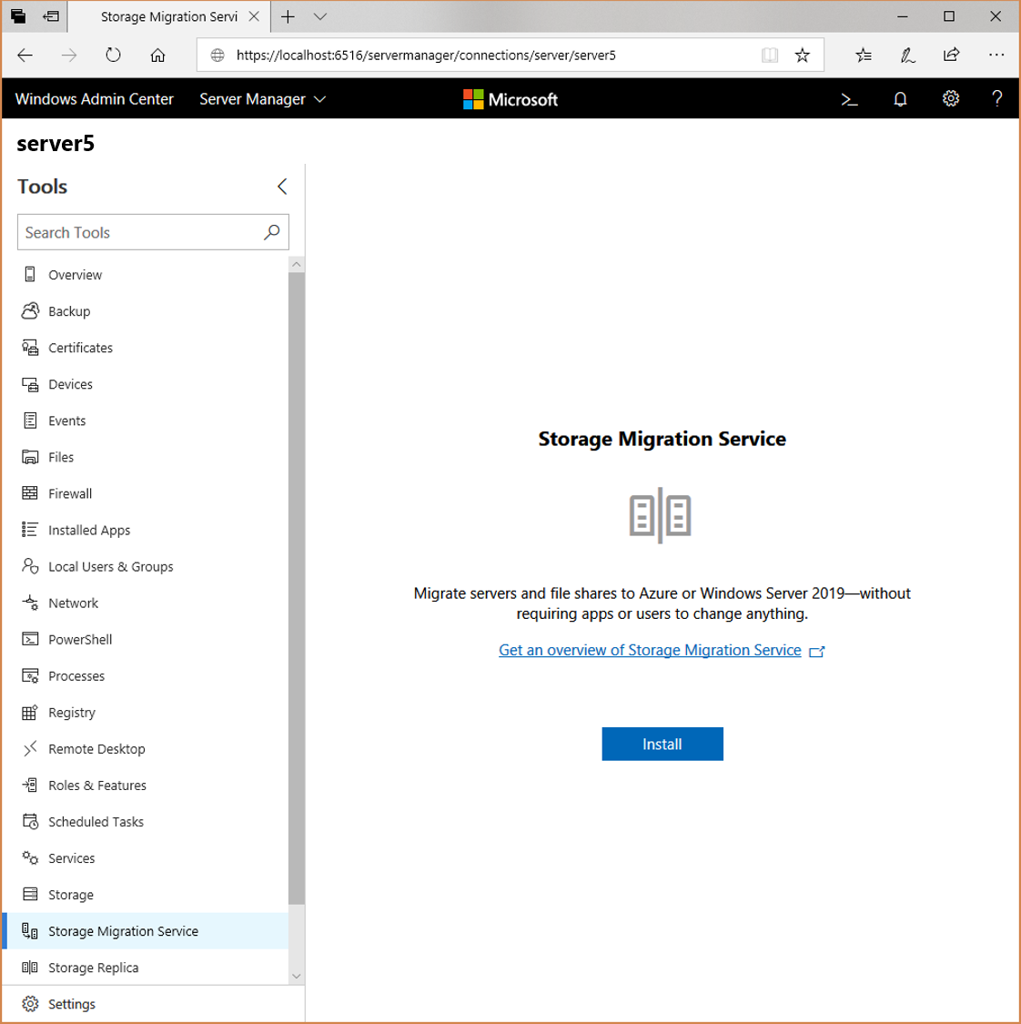 Captura de tela da página Serviço de Migração de Armazenamento mostrando o botão Instalar.