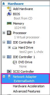 Captura de tela das configurações da máquina virtual com o adaptador de rede selecionado