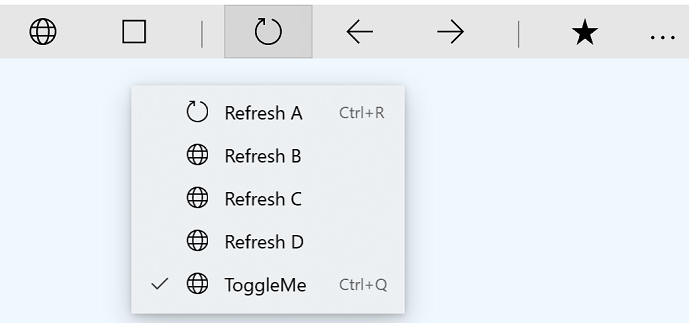 Captura de tela de um Menu com MenuFlyoutItems que incluem combinações de teclas aceleradoras.