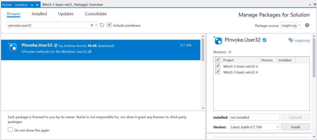 Captura de tela do Gerenciador de Pacotes NuGet do Visual Studio com PInvoke.User32 selecionado.