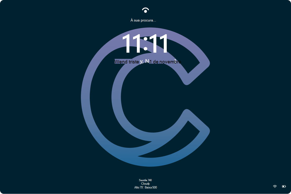 Captura de ecrã do ecrã de bloqueio Windows 11 com o Destaque do Windows ativado sobre um padrão de fundo da organização.