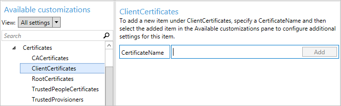 No Windows Configuration Designer, selecione ClientCertificates.