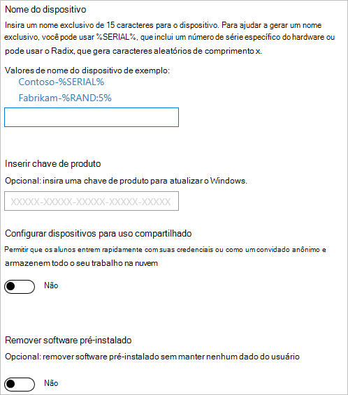 No Windows Configuration Designer, ative a configuração do dispositivo, introduza o nome do dispositivo, a chave de produto para atualizar, desative a utilização partilhada e remova o software pré-instalado.