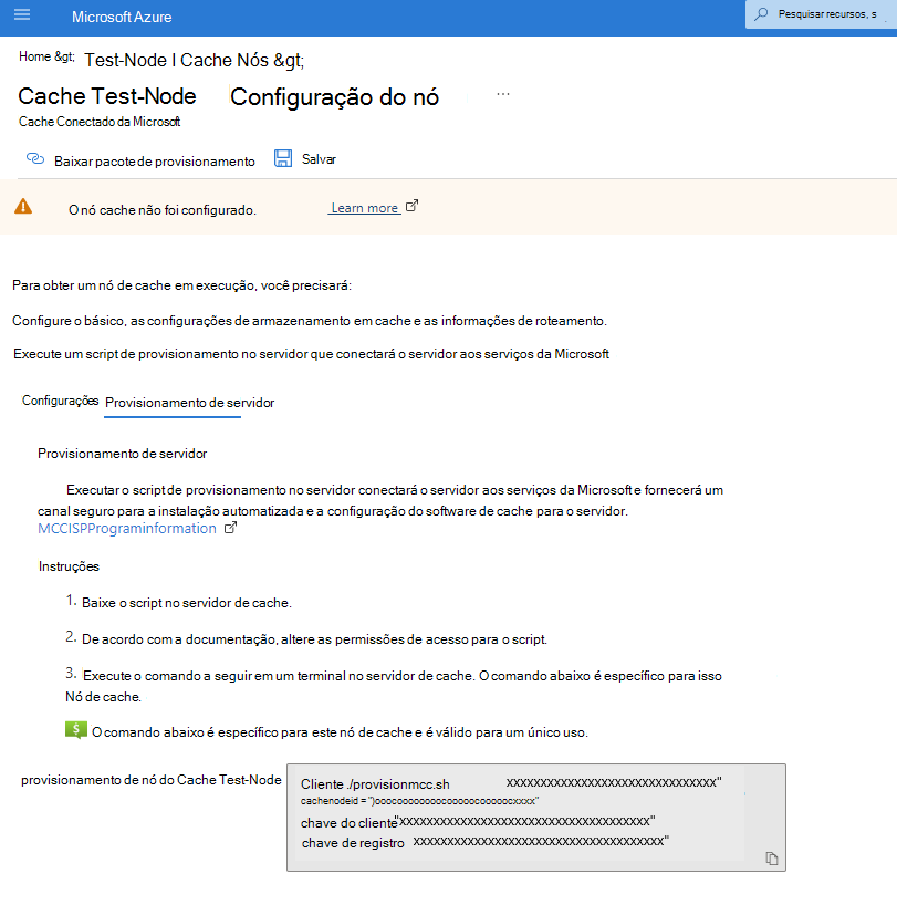 Captura de ecrã do separador aprovisionamento do servidor na configuração do nó de cache no portal do Azure.