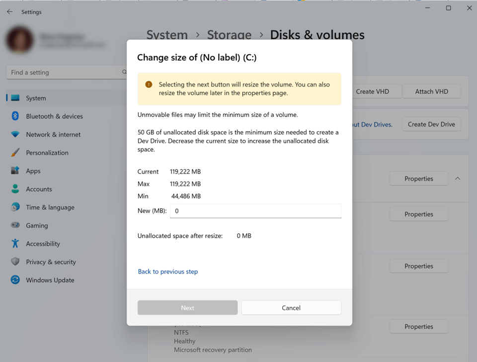 Captura de tela das configurações de alteração de tamanho do Dev Drive.