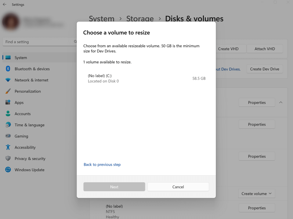 Captura de tela da escolha do volume do Dev Drive a ser redimensionado em Configurações.