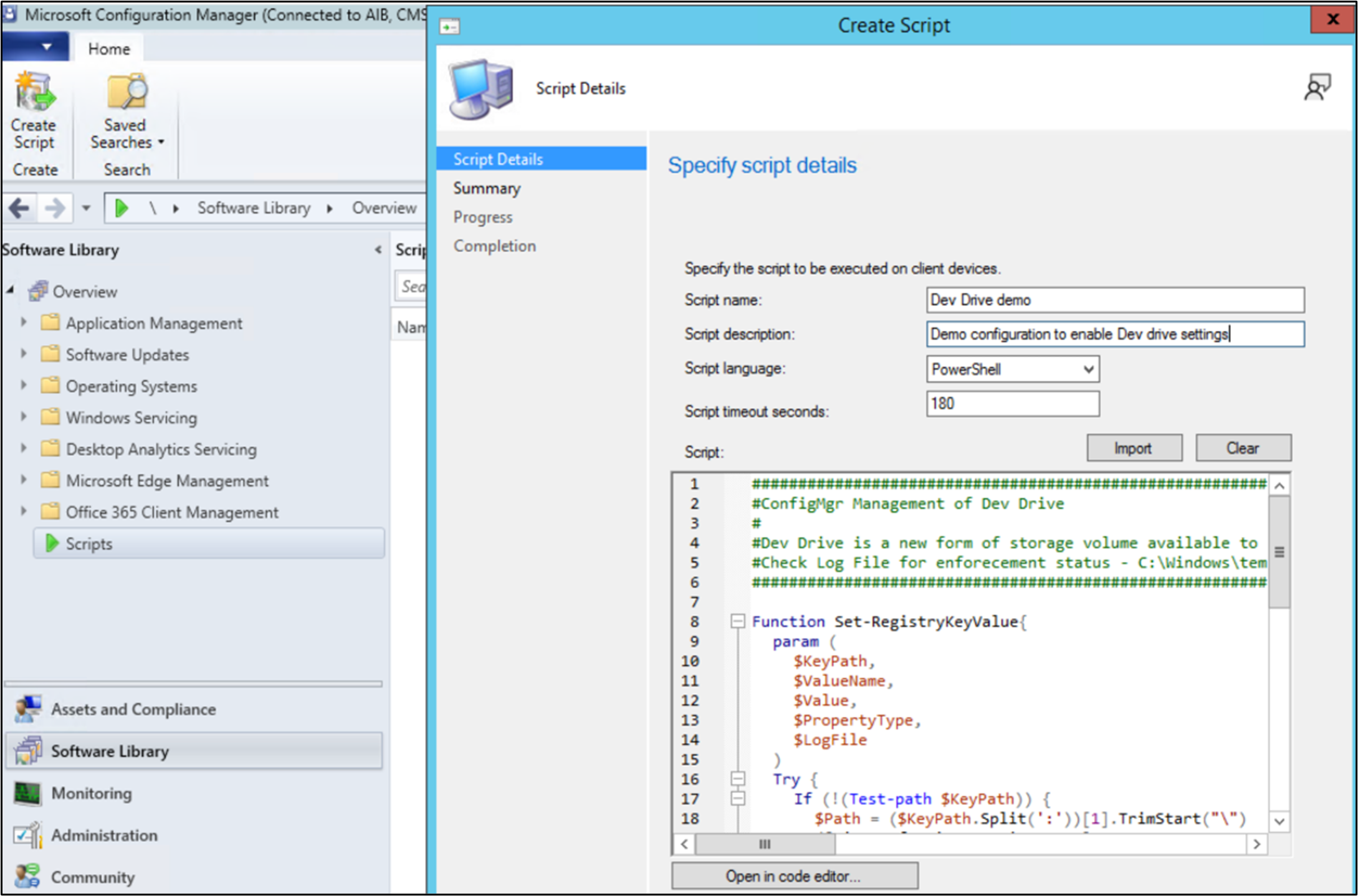 Captura de tela da janela Criar Script do Microsoft Configuration Manager mostrando detalhes, incluindo nome do script, descrição, idioma, segundos de tempo limite e o script real