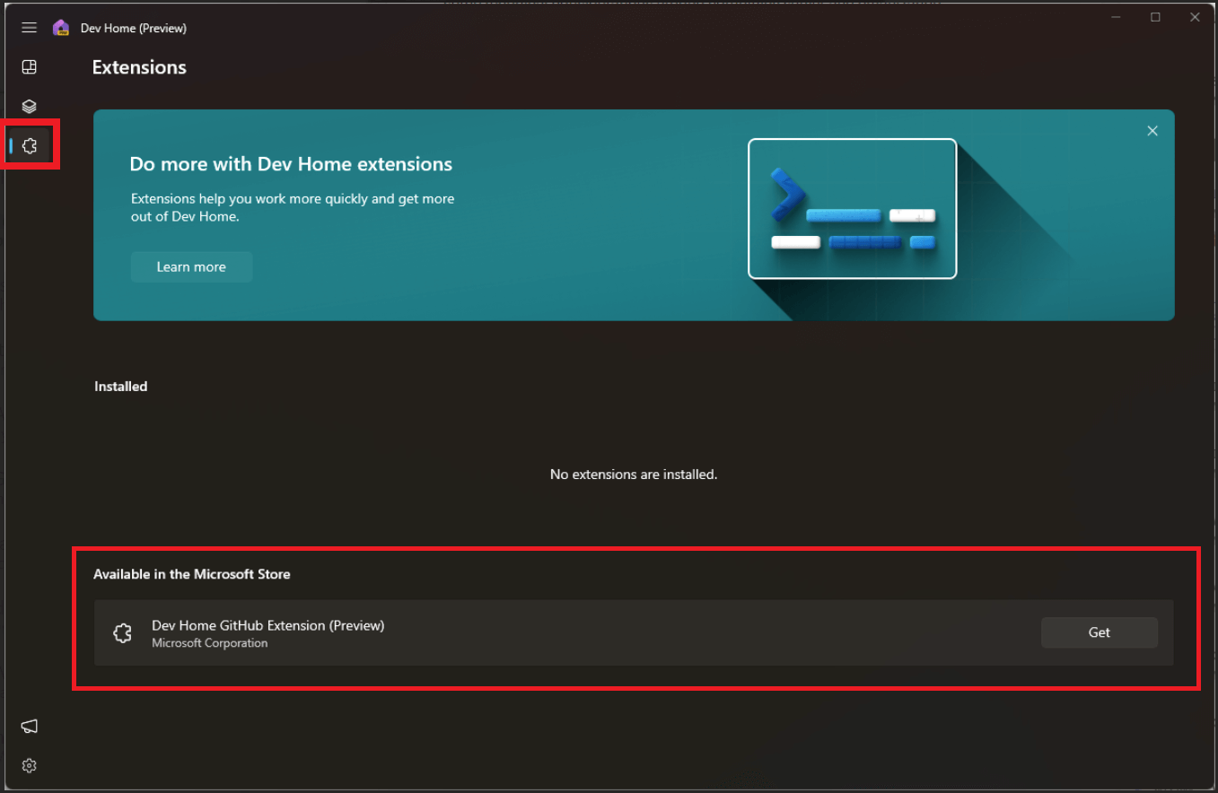 Captura de tela da guia Windows Dev Home Extensions mostrando o botão Obter extensão do GitHub