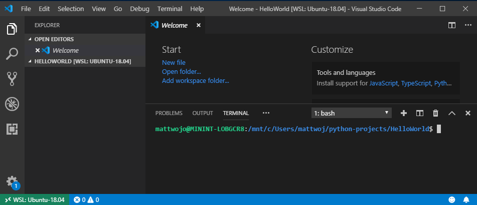 VS Code com o terminal do WSL