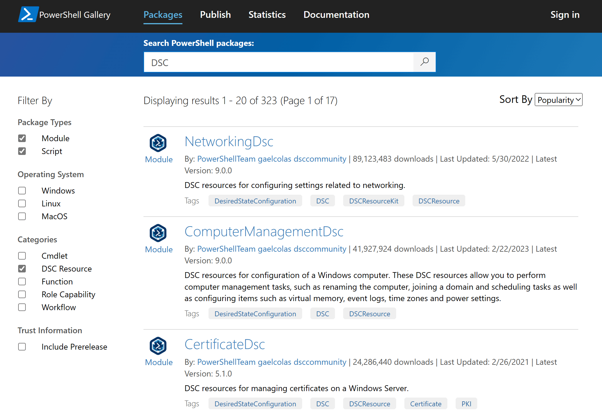  Resultados da pesquisa do módulo Desired State Configuration do PowerShell da Galeria do PowerShell