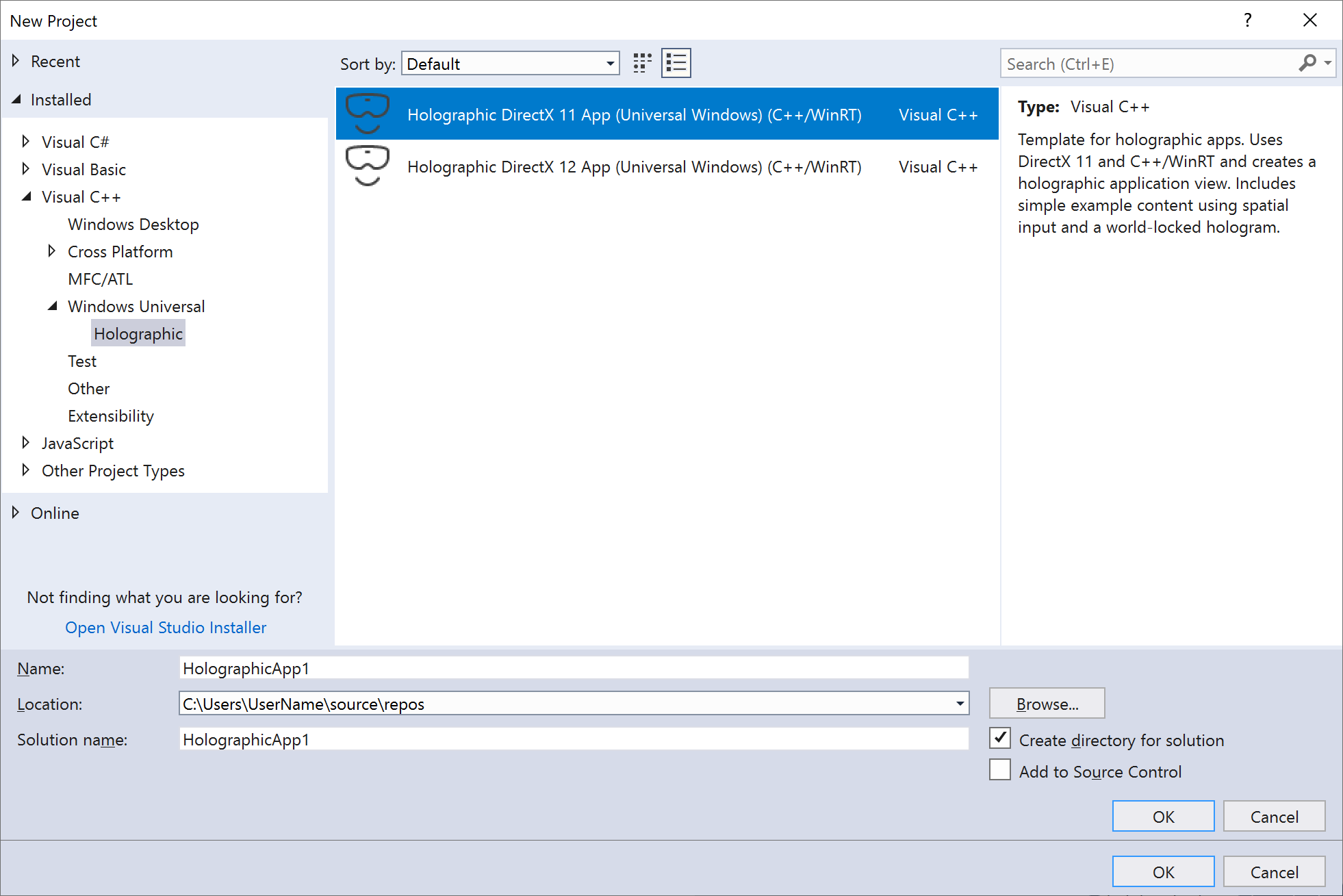 Captura de ecrã do modelo de projeto de aplicação Holographic DirectX 11 C++/WinRT UWP no Visual Studio 2017