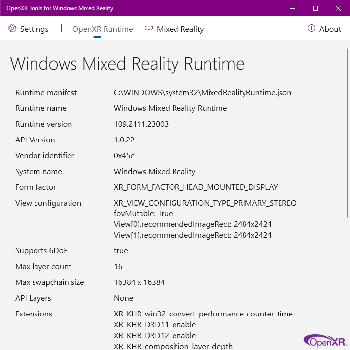 OpenXR Tools for Windows Mixed Reality app OpenXR Runtime tab (Separador OpenXR Runtime da aplicação OpenXR)