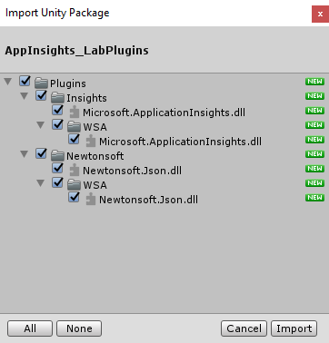 Captura de tela da caixa de diálogo Importar Pacote Unity mostrando todos os itens marcados.